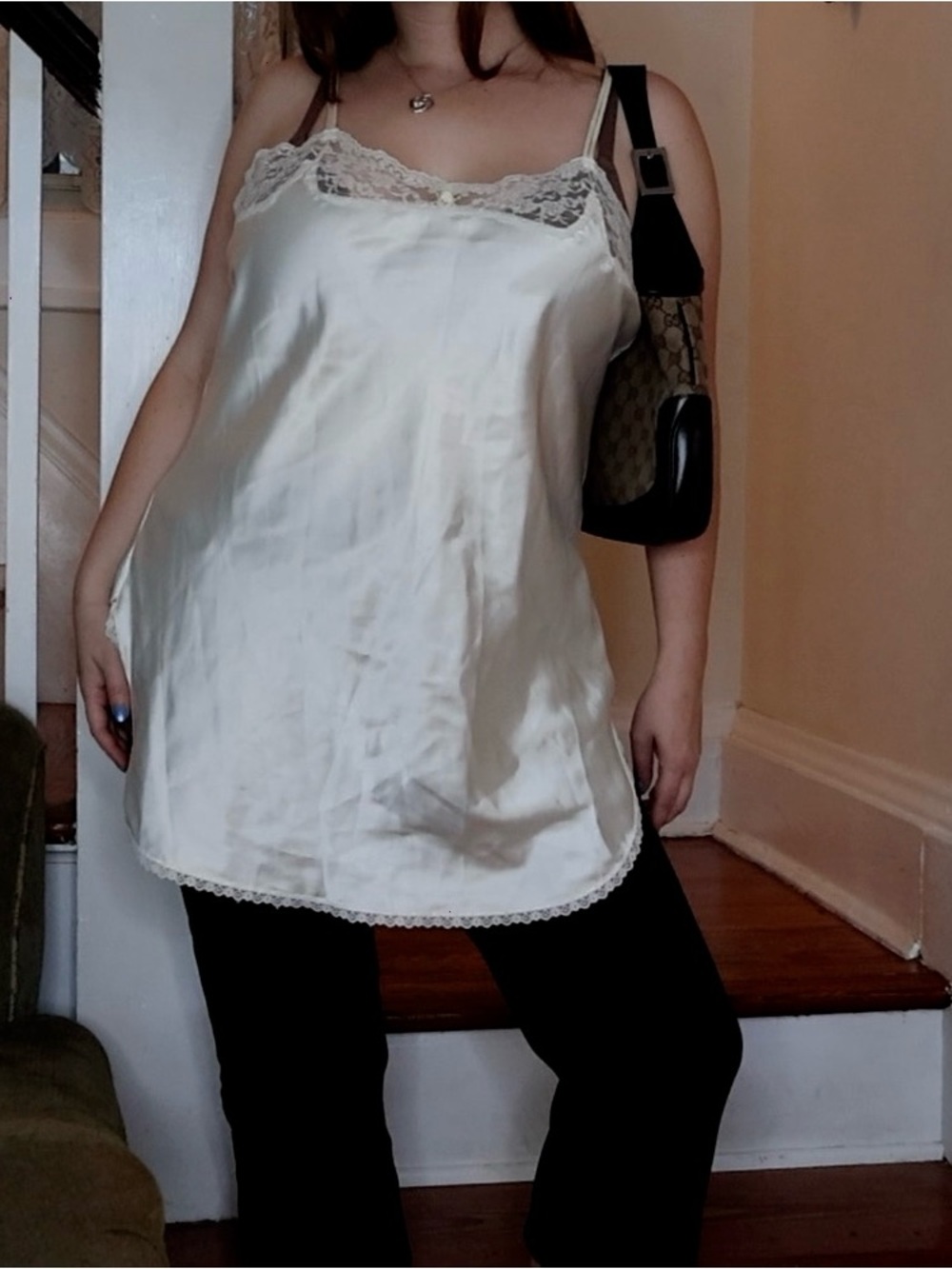 Victoria's Secret Ivory Satin Lace-Trim Slip Dress - Large